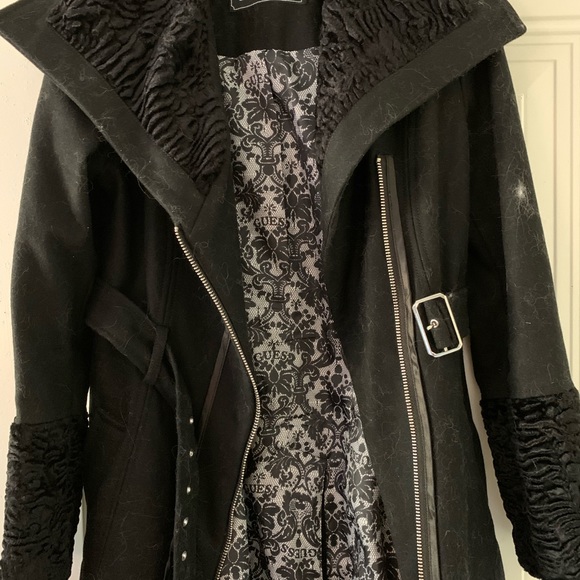 GUESS Black Wool Coat w/Chenille Boucle Collar & Cuffs Asymmetrical Zip Front S - Picture 8 of 14
